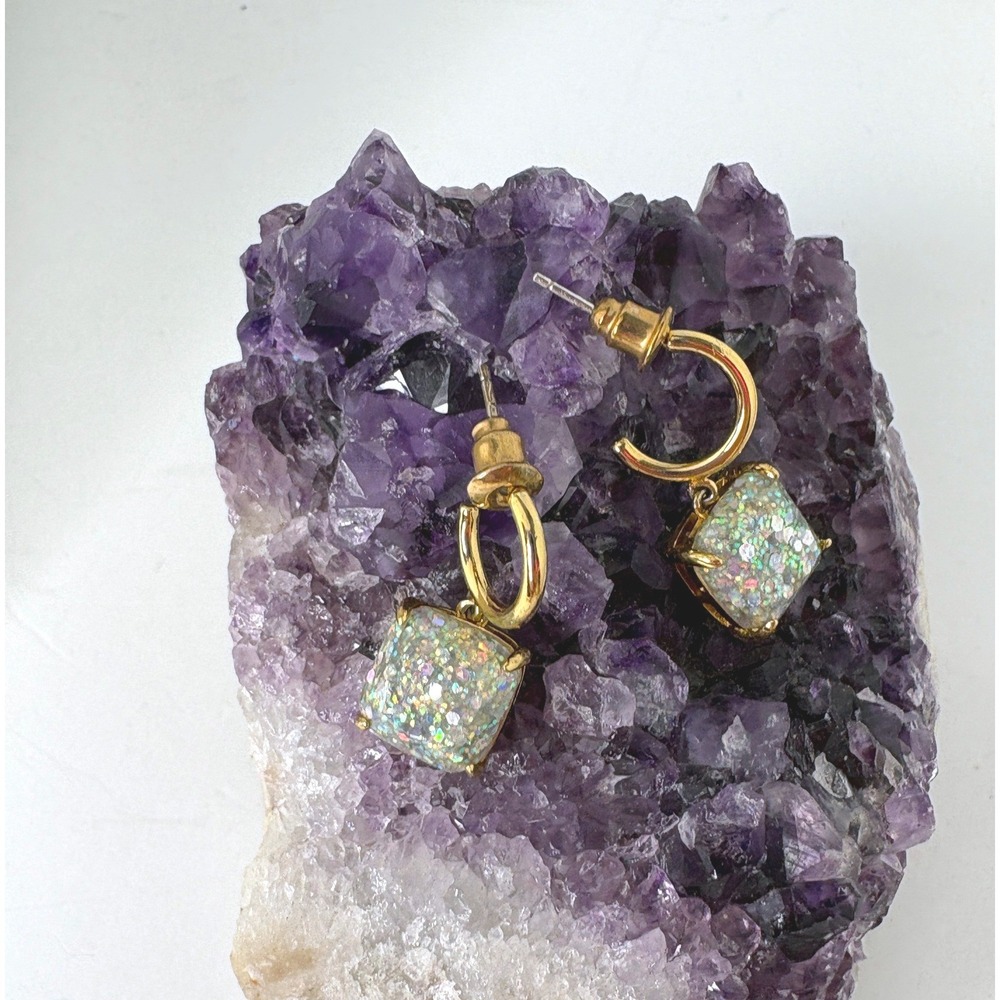 Kate‎ Spade NY Mini Square Glitter Huggie Drop Earrings Gold Plated Opal Resin